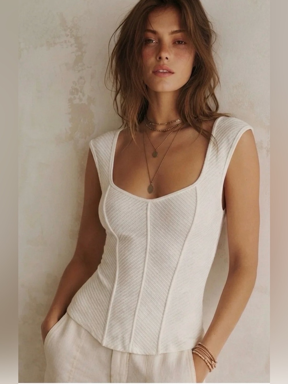 NWOT: We The Free Cream Ribbed Boss Babe Tank, sz Large